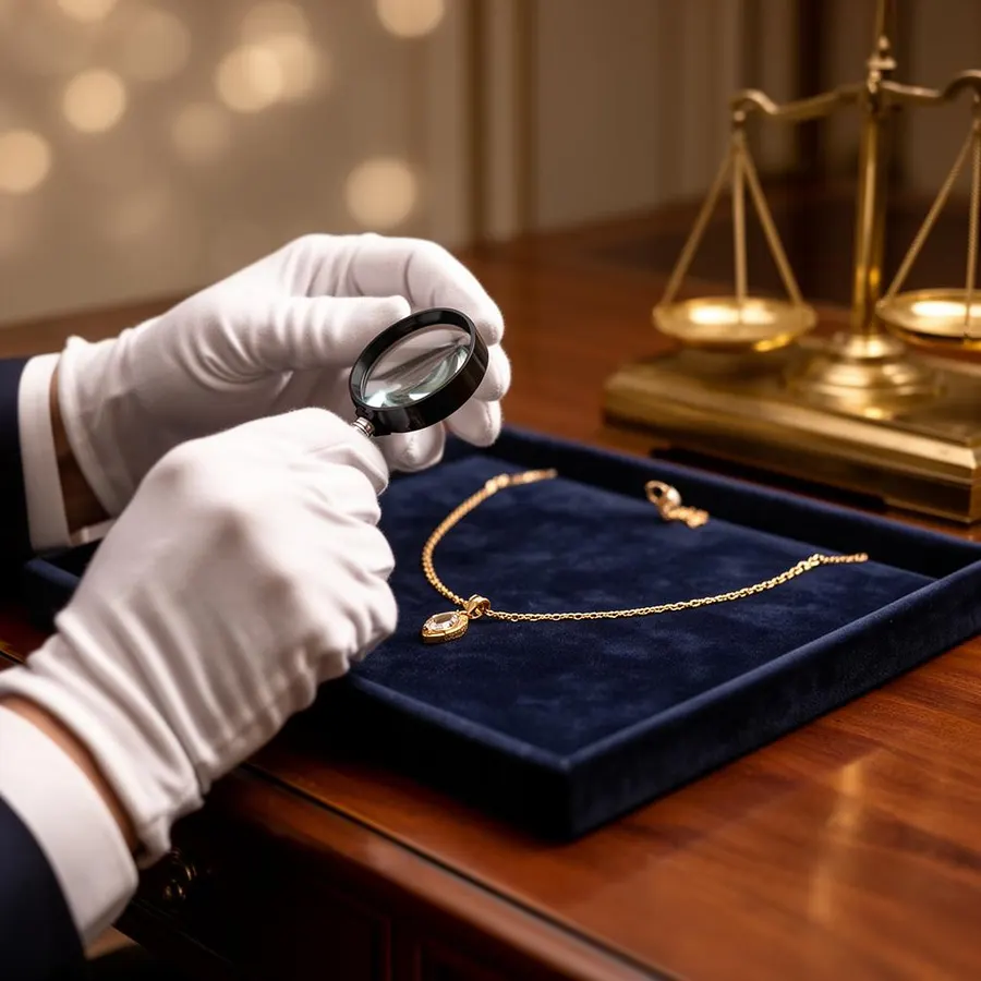 Expert taxeert gouden ketting met loep en weegschaal in Bloemendaal